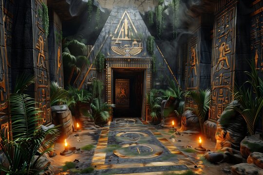Room inside of Egyptian stone tombs. Pyramids of Egypt, inner chambers. Underground ancient temple. 