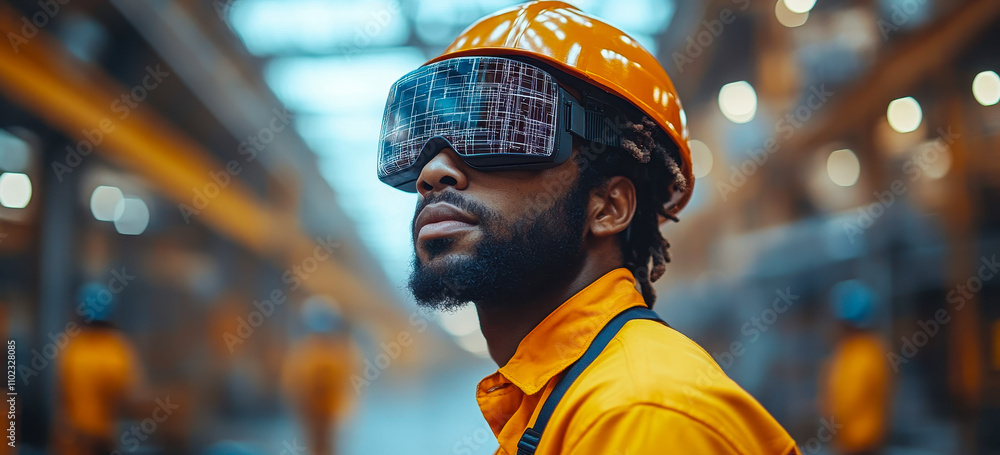Poster construction worker utilizing augmented reality blueprint visualization in industrial setting