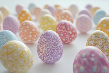 Beautifully crafted pastel eggs display intricate and colorful designs, perfect for a lively and vibrant springtime celebration