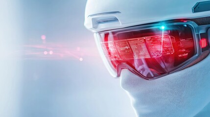 Futuristic goggles with augmented reality display reflecting data and digital information, showcasing innovative technology and modern design in a high-tech environment