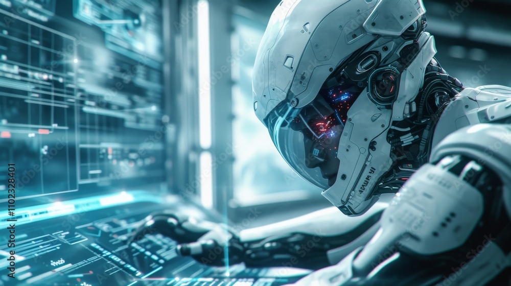 Poster a high-tech white robot operates an advanced digital interface, emphasizing futuristic design, ai, a