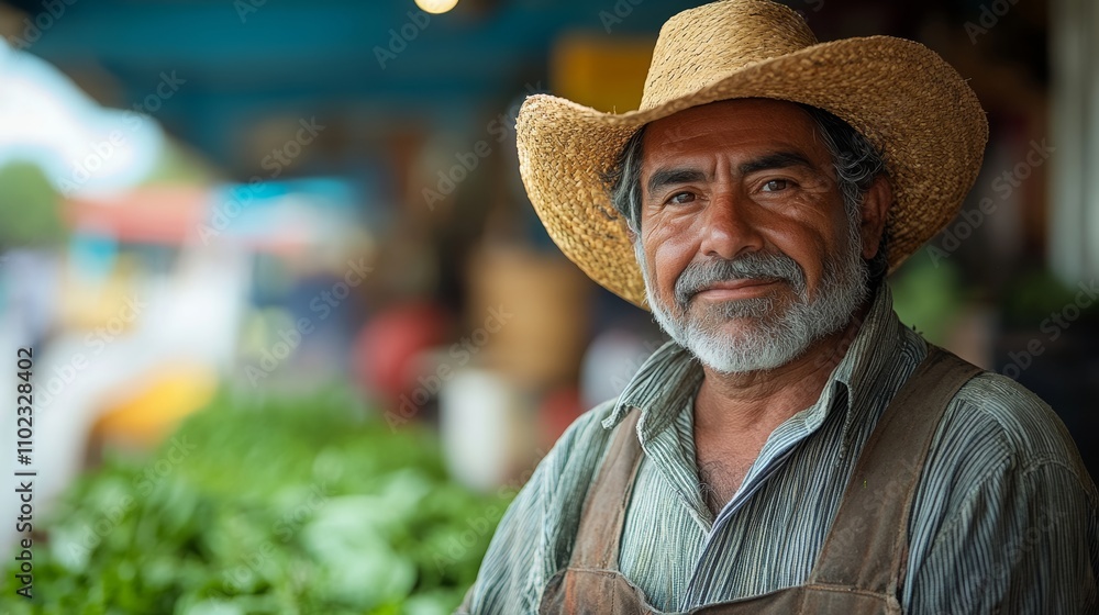 Poster man wearing a straw hat and apron stands in front of a vegetable stand. he is smiling and he is happ