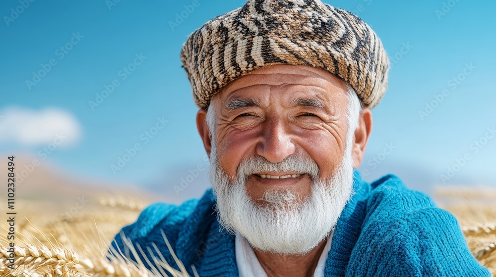 Poster man with a beard and a blue sweater is smiling. he is wearing a hat with a zebra print