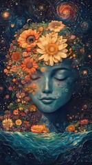 Serene Floral Face Adorned With Celestial Cosmos