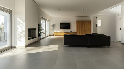 Fototapeta premium Luxury House Apartment Interior Living Room Minimalist Design Black Sofa Premium Floor Created with Generative AI Technology