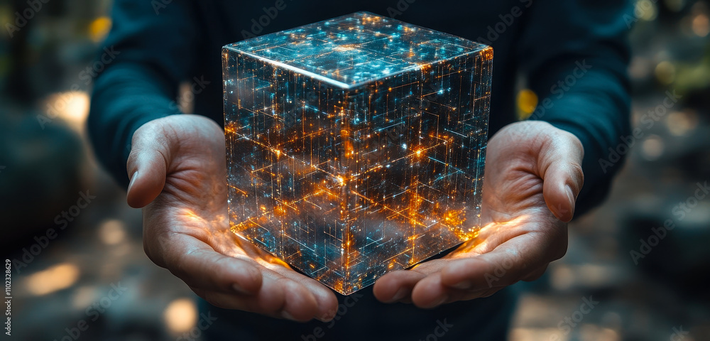 Poster businessman's hands holding abstract ai cube network with data exchange and deep learning