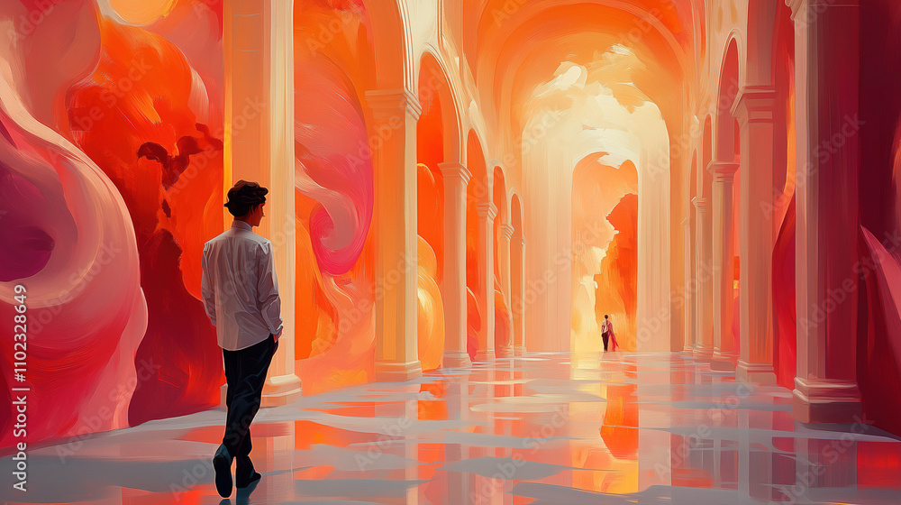 Poster man exploring vibrant artistic hallway with colorful walls and reflections at sunset. generative ai
