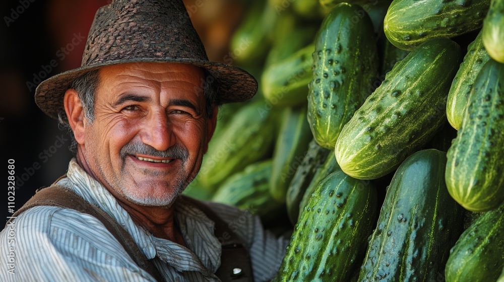 Poster man wearing a hat is smiling in front of a pile of cucumbers. the cucumbers are green and appear to 