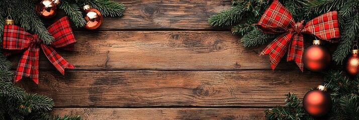 Warm and inviting Christmas banner featuring wooden plank textures, rustic farmhouse decorations like red plaid bows, copper ornaments, and evergreen sprigs, creating a charming country vibe.