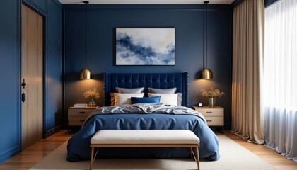 Stylish modern bedroom with blue walls, cozy bedding, and elegant decor, featuring a large window with soft curtains.