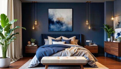 Cozy modern bedroom with navy blue walls, abstract artwork, and elegant lighting for a serene atmosphere.