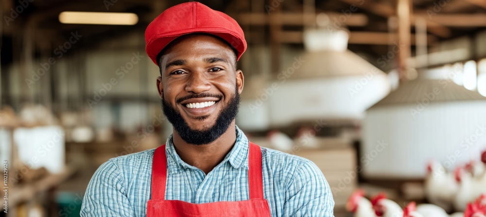 Poster man wearing a red hat and apron is smiling in front of a chicken coop. concept of warmth and friendl