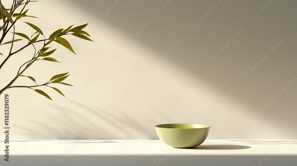 Aufkleber minimalist scene featuring a simple green bowl on a clean surface with a branch and subtle light sha