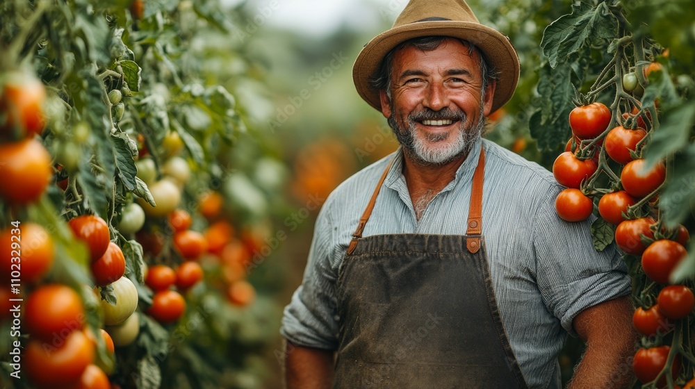 Poster man wearing a hat and apron stands in a tomato field. he is smiling and he is happy