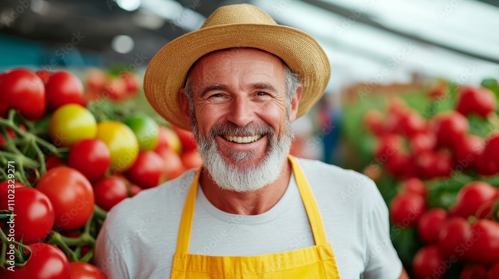 Poster man wearing a straw hat and apron stands in front of a pile of tomatoes. he is smiling and he is hap
