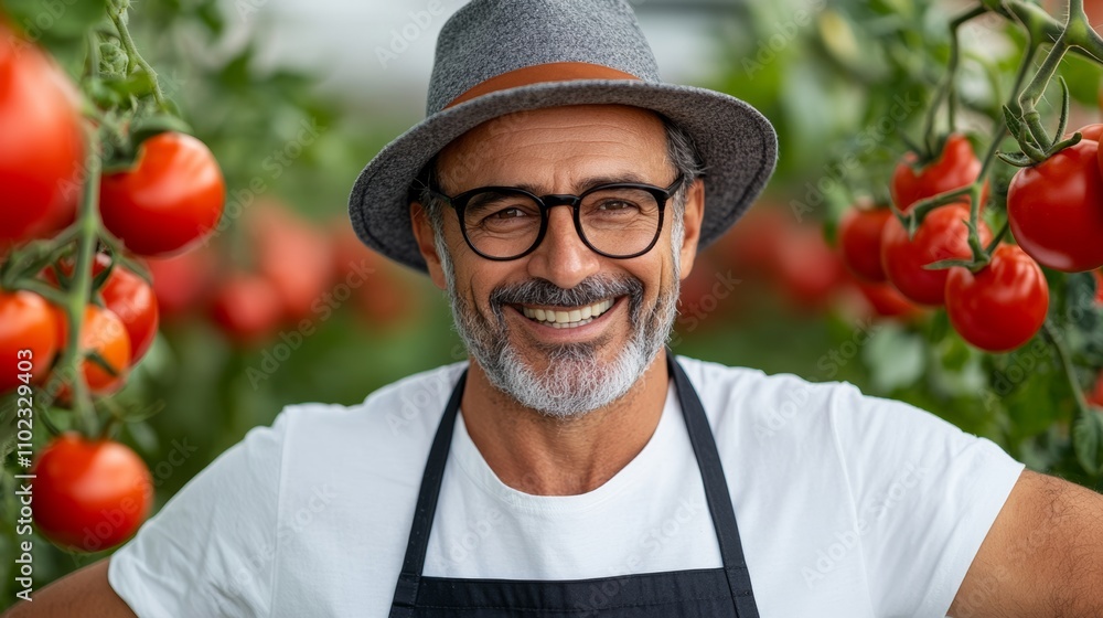 Poster man wearing a hat and glasses is smiling in front of a row of tomatoes. concept of happiness and con