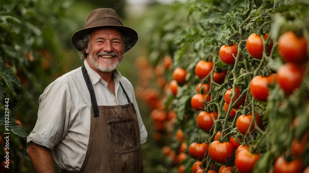 Poster man wearing a hat and apron stands in front of a tomato plant. he is smiling and he is happy