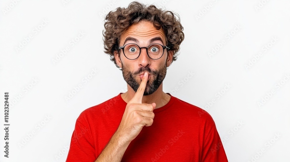 Poster man with glasses and a beard is holding his nose and pointing to his mouth. he is making a funny fac