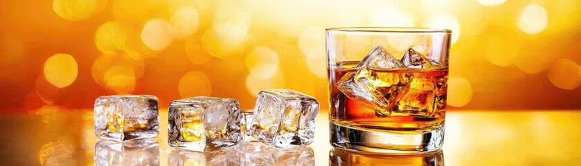 Classic Glass of Whiskey with Ice Cubes on a Beautiful Bokeh Background Creating an Elegant and Inviting Atmosphere for Celebration and Relaxation