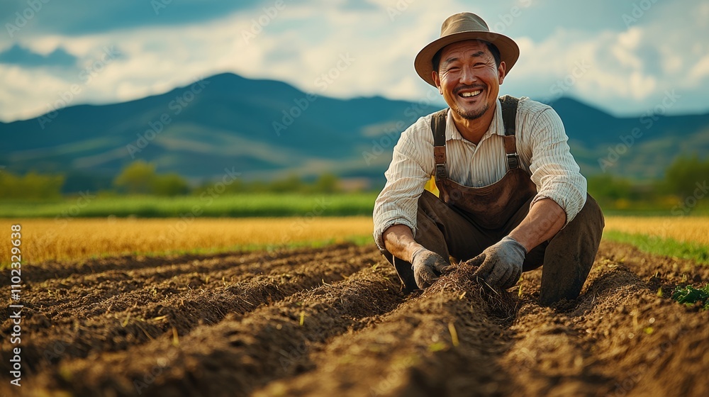 Poster man in a hat and overalls is smiling while kneeling in a field. he is holding a shovel and he is wor