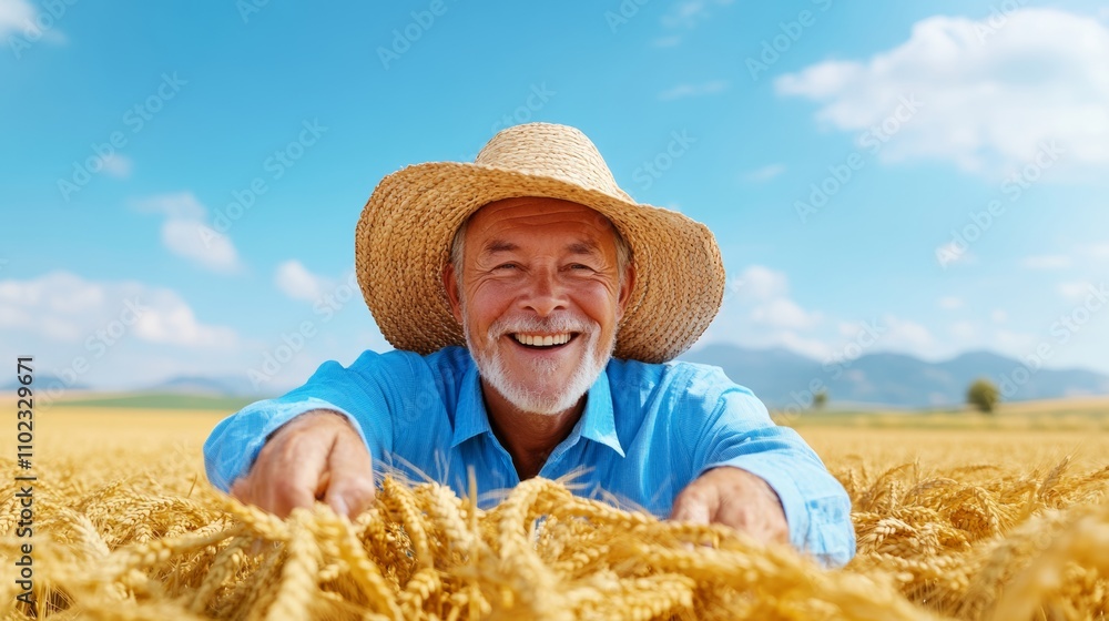 Poster man wearing a straw hat is smiling in a field of wheat. concept of happiness and contentment, as the
