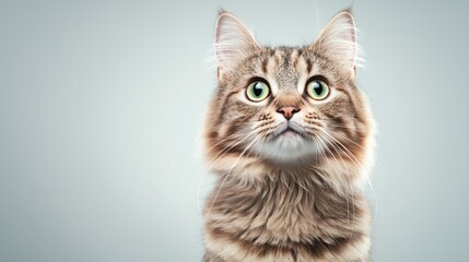 Obraz premium Adorable Tabby Cat Portrait with Striking Green Eyes Against a Soft Gray Background, Perfect for Pet Lovers and Animal Enthusiasts Eager for Captivating Imagery