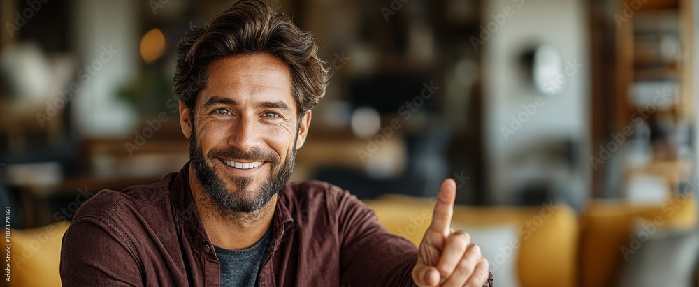 Poster man with a beard and a red shirt is smiling and pointing to the camera. concept of happiness and pos