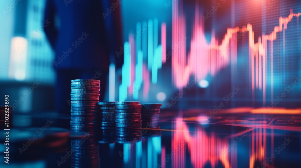 Poster stacks of coins suggesting growing investment and trading profits in front of a stock market graph s