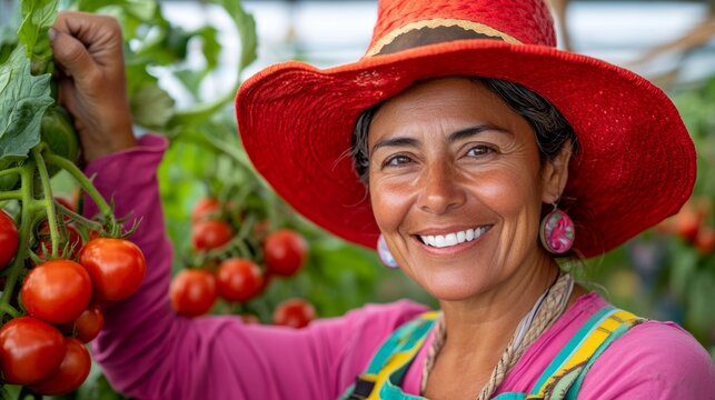Woman wearing a red hat and a pink shirt is smiling while holding a bunch of tomatoes. Concept of happiness and contentment, as the woman is enjoying her work in the garden - Powered by Adobe
