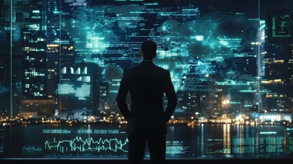 Professional financial consultant analyzing global risk assessment data with futuristic holographic interface against a city skyline at night