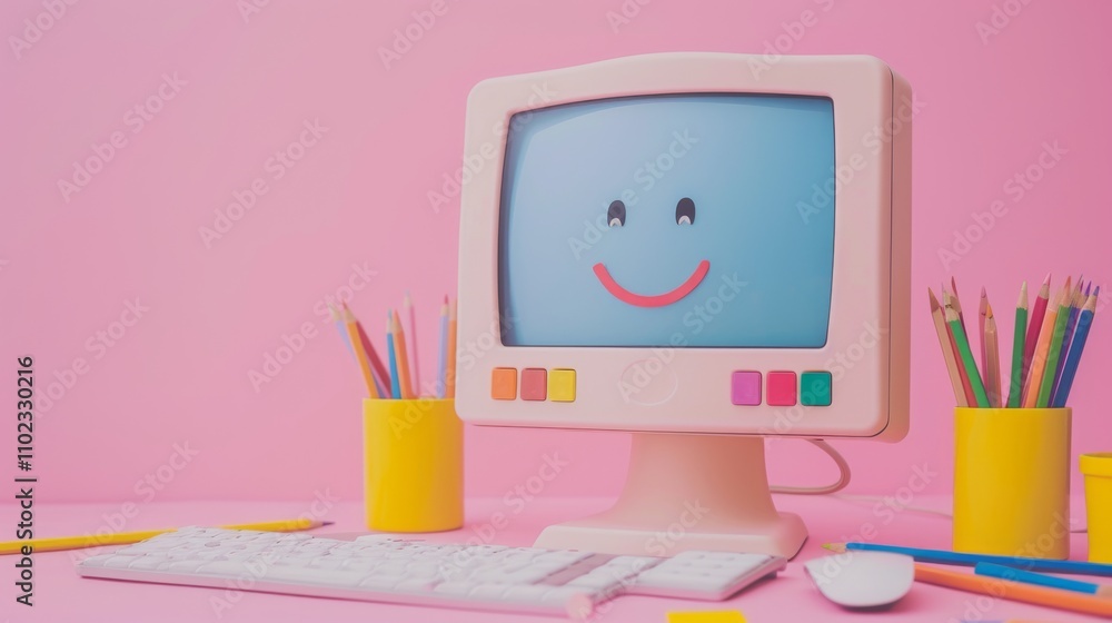 Poster a pastel-colored computer with a cheerful face displayed on the screen, surrounded by stationery lik