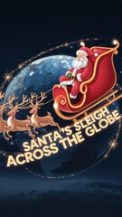 Santas sleigh across the globe with reindeer delivering gifts on Christmas Eve