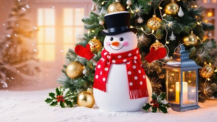 Happy snowman distributing gifts near the Christmas tree