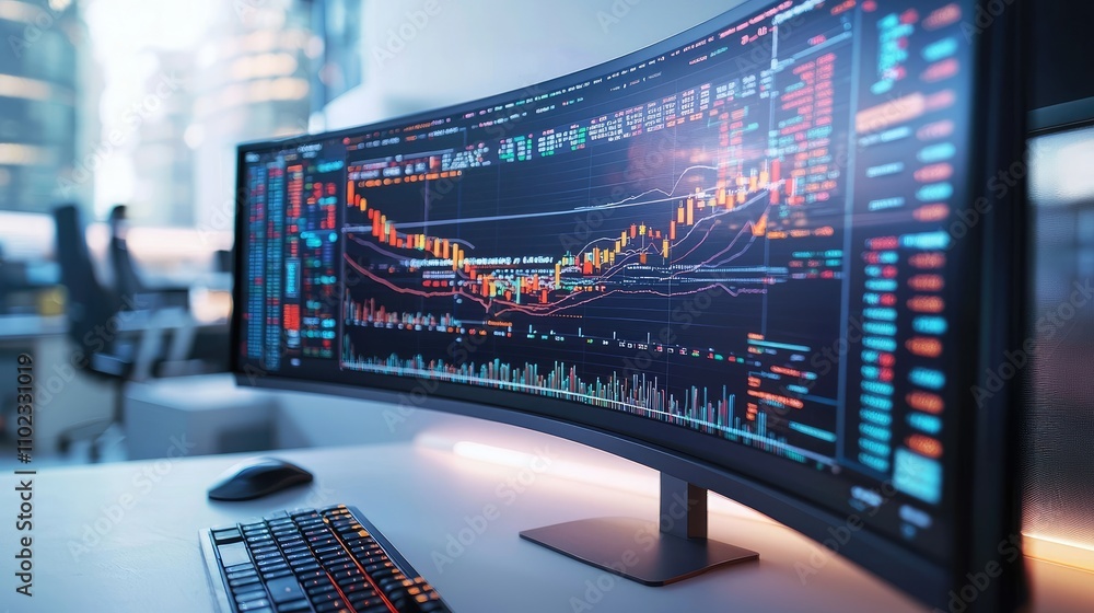 Poster high-tech trading desk with large curved monitor displaying stock market charts, graphs, and data an