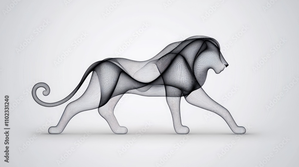 Poster elegant line art representation of a walking lion in abstract style with dynamic patterns and smooth