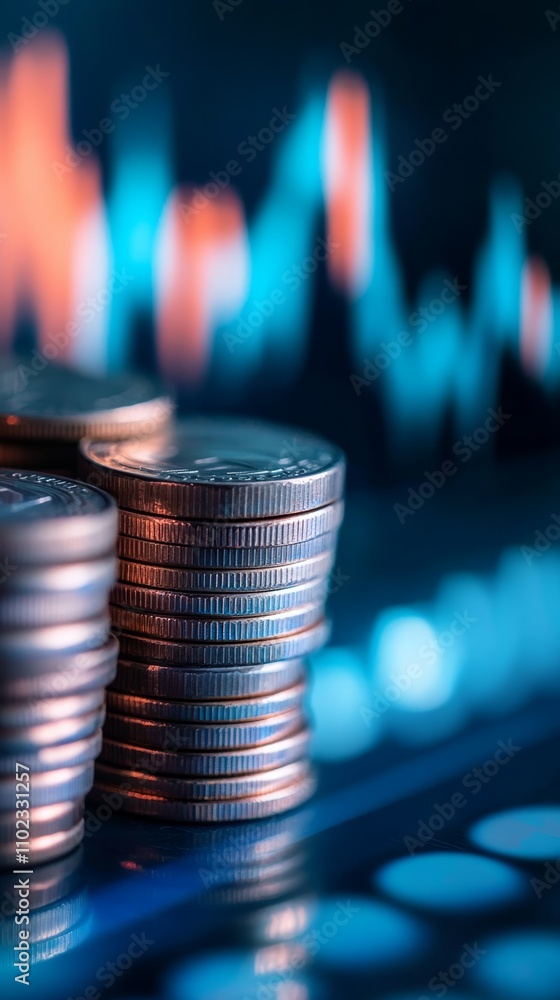 Poster stacks of coins are reflecting an increasing stock market graph displayed on a screen, representing 