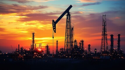 Obraz premium Analyzing the Impact of Economic Risk on Various Industries at Dusk with Oil Rigs and Refineries Silhouetted Against a Dramatic Sunset