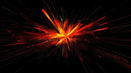 Fiery abstract design showcasing dramatic explosions of orange, red, and black, with radiant streaks and glowing highlights creating intense movement and depth. A powerful, energetic composition.