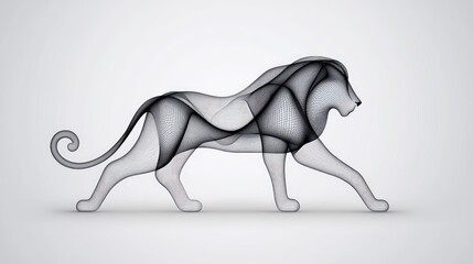 Obraz premium Elegant Line Art Representation of a Walking Lion in Abstract Style with Dynamic Patterns and Smooth Curves in Monochrome Shades Against a Minimalistic Background