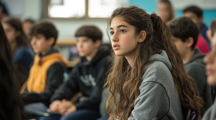 Obraz premium Engaging Classroom Moment Where Students Learn About Important Concepts in a Collaborative and Supportive School Environment During Educational Event