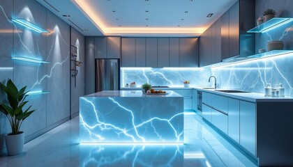 Futuristic kitchen with electric blue lighting and sleek, modern design elements creating a sci-fi atmosphere.