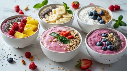 Assorted smoothie bowls with fresh fruits, vibrant colors, healthy breakfast options, topped with nuts and seeds, refreshing and nutritious, marble table background, clean food photography

