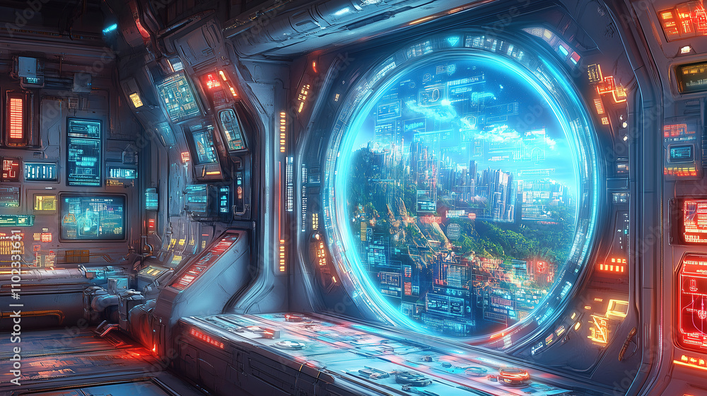 Aufkleber futuristic control room with a view of a vibrant cityscape and advanced interface displays. generati