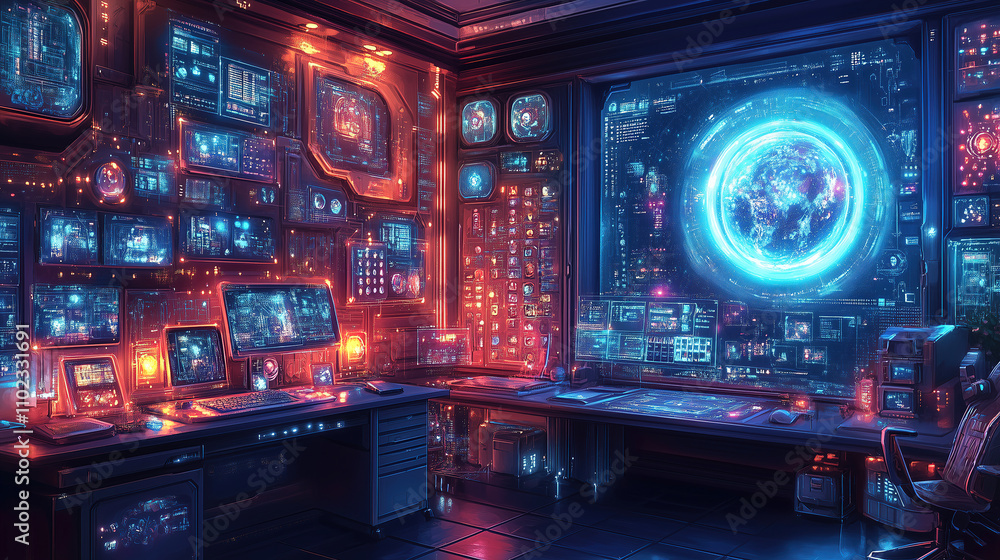 Aufkleber high-tech command center with glowing screens and holographic displays during futuristic evening hou