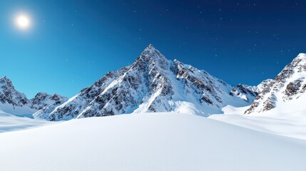 A sublime snowy mountain expanse basked in bright daylight, featuring a vast snow-covered terrain accentuated by the clear blue sky and a shining sun.