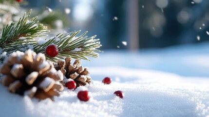 A magical winter scene where snowflakes gently fall over a collection of pinecones and red berries, capturing the essence of wintry beauty and calmness.