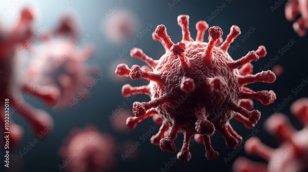 Poster close-up view of microscopic virus particles with spiked proteins in a dark background illuminated b