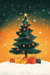 Obraz premium Beautiful Christmas tree decorated with golden star, ornaments, and surrounded by colorful gift boxes in snowy winter setting, festive holiday illustration, Ai Generation