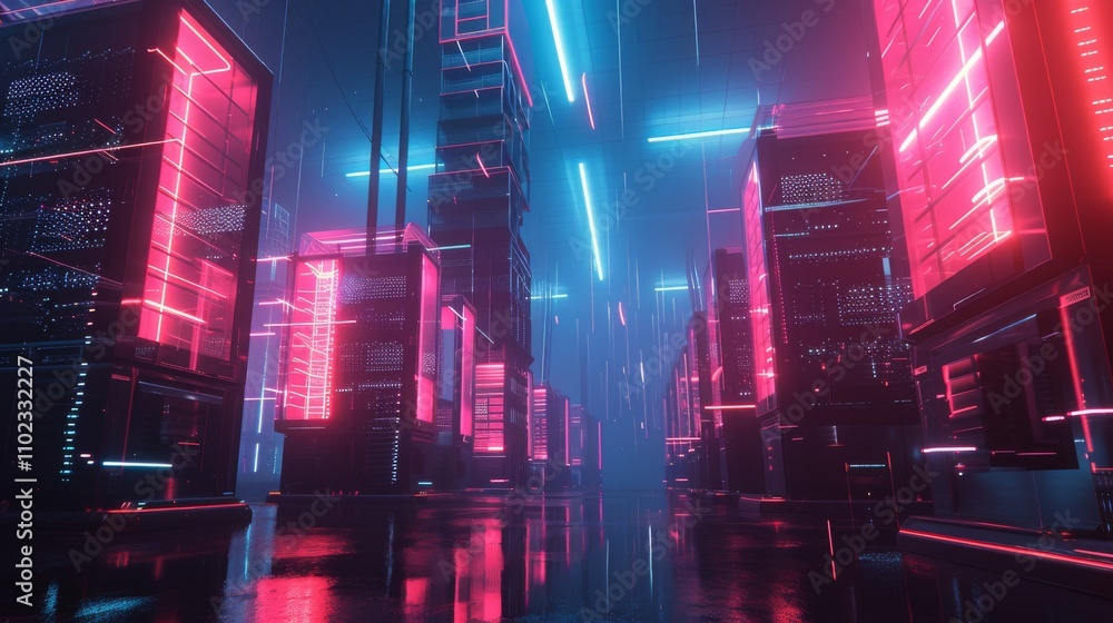 Poster a vibrant, ai-generated 3d rendering of a futuristic data center featuring towering server racks ill