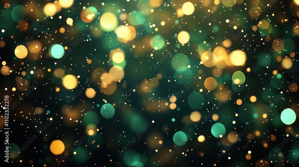 Poster warm bokeh background with irregularly shaped lights in emerald green and gold. the abstract pattern